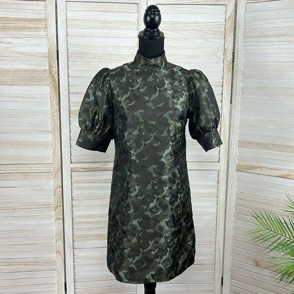 SEN Puff Sleeve Camo Mini Dress Medium
